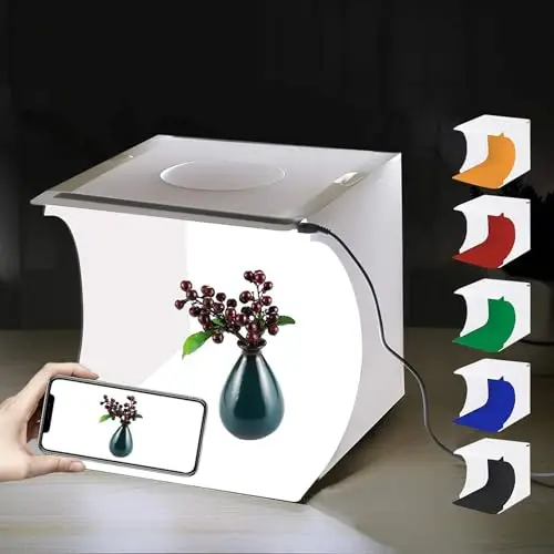 PULUZ Mini Estudio Fotográfico 20cm, Caja de Luz Fotografía, Caja de Luz Fotos Blanca Plegable con 20 Luces LED + 6 Fondos para Exhibición de Productos