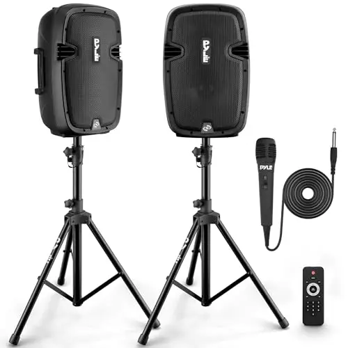 Pyle Altavoz autoamplificado Bluetooth, 8”, PA, Profesional, 700W, Activo, Pasivo, Exteriores, USB/SD/MP3 aux, Pack de 2, Tripodes, Karaoke, Microfono, Control Remoto, Color Negro