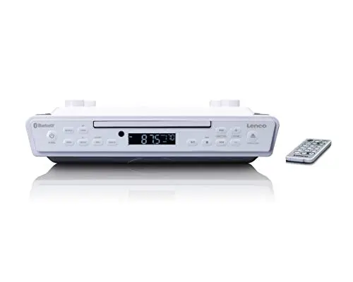 Lenco KCR-150 Radio de Cocina con Reproductor de CD - Radio FM Montaje bajo Armario con Bluetooth, Entrada AUX, Temporizador, 20 presintonías, 2x3 W RMS, Incluye Kit por Montaje - Blanco