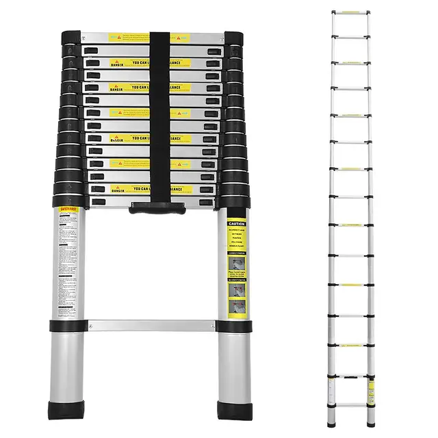 Escalera telescópica de aluminio, 4,4 m, extensible, multiusos de aluminio, telescópica, capacidad de carga 150 kg, escalera plegable para jardín, interiores y exteriores