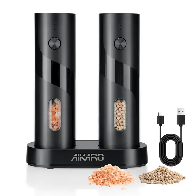 AIKARO - Molino eléctrico de sal y pimienta Moledor automático de especias, Recargable (Set)