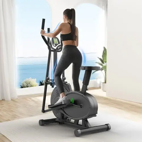 Yonisee Bicicleta Eliptica 2 en 1 para Casa, Máquina De Ejercicios Elíptica con Asiento Ergonómico, Resistencia Ajustable, Monitor LCD, Sensor De Frecuencia Cardíaca