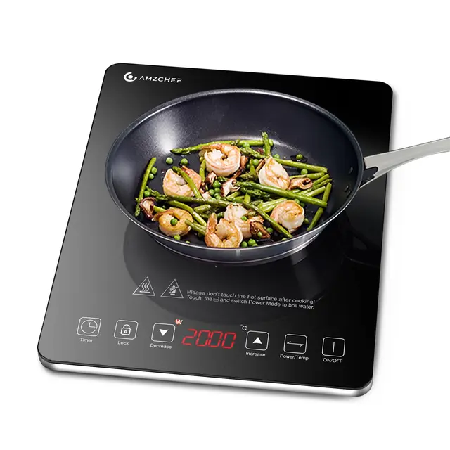Placa inducción, Portátil Placa de inducción AMZCHEF con diseño ultrafino, 10 niveles de temperatura y 10 ajustes de potencia, 2000W, cronómetro de 3 horas, cerradura de seguridad