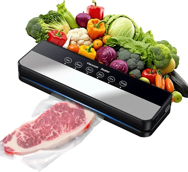 Envasadora al Vacío 5 en 1, Maquina al Vacio de Alimentos para Uso Doméstico y Comercial, Incluye bolsa de vacío,Fuerte Succión, Alimentos Secos, Humedos y Frescos (Black, 10 vacuum bags)