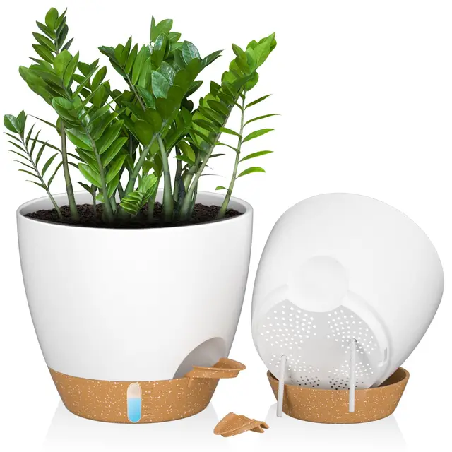 ZMTECH Maceteros grandes de 30 cm con platillo, macetas auto-regables de plástico, maceteros con indicador de agua para interior/exterior (juego de 2, blanco)