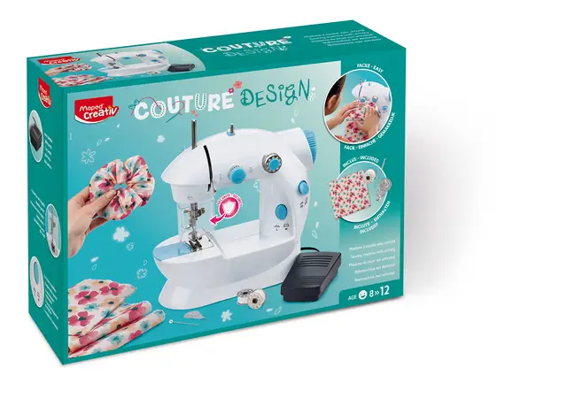 Maped Máquina de Coser Infantil Couture Design, Mini Máquina Portátil Segura para Niños desde 8 Años, Set Completo con Materiales para Crear Accesorios y Ropa, 380 x 280 x 125 mm