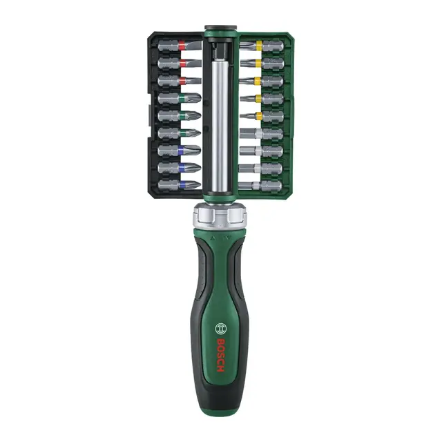 Bosch Juego destornillador de carraca con puntas, 19 piezas (alto par máx. 36Nm; engranaje 36 dientes; portapuntas magnético; ergonómico; 18 puntas S2; almacenamiento de puntas)