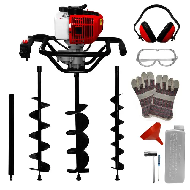 Barrena Taladro de Tierra con 3 Brocas Ahoyadora Excavadora en Espiral Motoperforadora para Cavar Agujeros Motor Gasolina 52cc 2 Tiempos 3CV 9000rpm Poste de Extensión+EPI+Kit Herramientas Incluidos