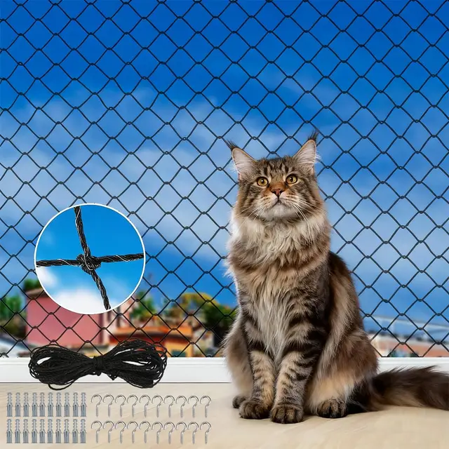 Malla para Gatos Balcon 6 x 3 m, Red Gatos Nylon, Red para Gatos Terraza, Red Gatos Terraza, con 15 m de Cable de Fijación y Accesorios, para Balcones Ventanas Tragaluces Puertas (Negro)