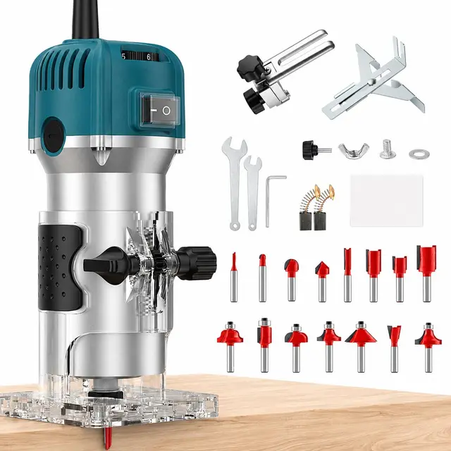 VOBOR Fresadora de Madera Rebajadora Eléctrica, 800W 30000 RPM Fresadora de Mano con 6 Velocidades Variables, 15 piezas 1/4'' Alicates, Pinza De Base Fija De 6/6.35MM