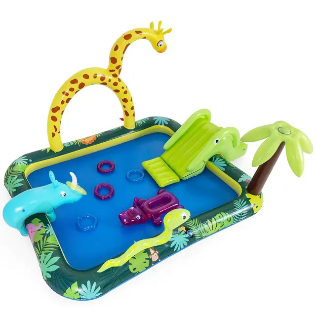 COSTWAY Piscina Hinchable Infantil, Parque Infantil Acuático con Tobogán, Rociador en Forma de Jirafa y Lanzamiento de Aros, Juegos de Agua con Tema de Animales de Selva para Niños, 208x178x138 cm
