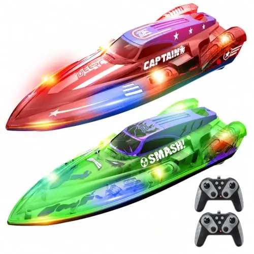DEERC Juego de 2 Barco Teledirigido de 13 Pulgadas para niños, 4 baterías, 2.4GHz Barcos Teledirigidos con Luces LED y Alarma de Batería Baja, Barcos RC para niños de 8 a 12 años