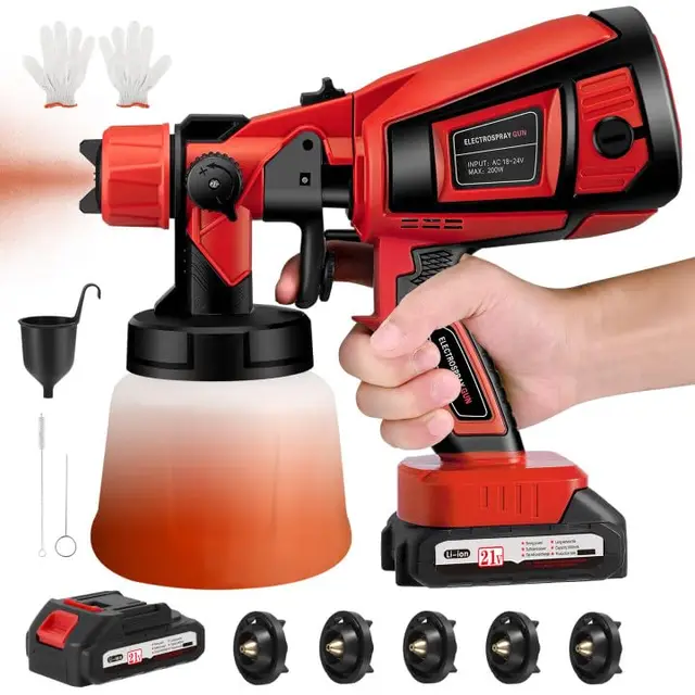 Pistola Pintura Electrica, Pulverizador de Pinturacon 2x3000mA Baterías, 5 Boquillas y 3 Modos de Pulverización con Depósito de 900ML, Ideal para Pintar Casas, Paredes, Vallas y Techos