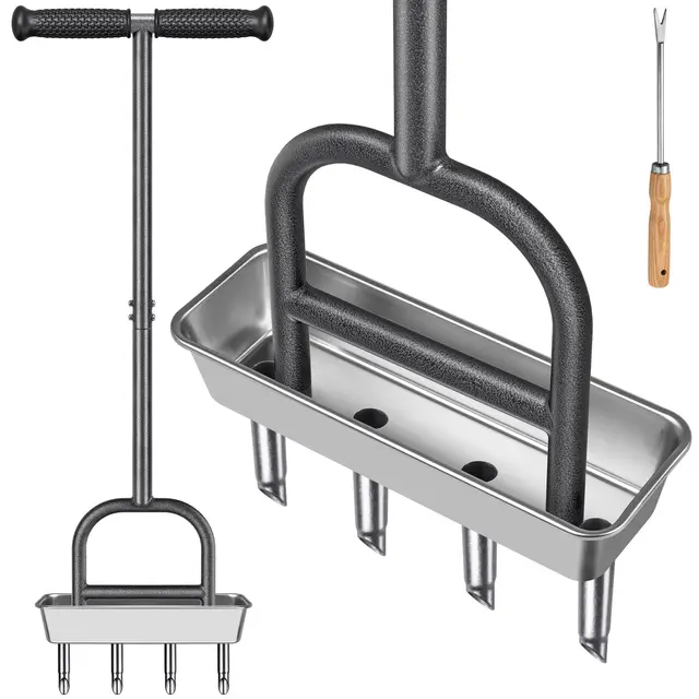 Dolibest Aireador de núcleo de césped, Herramienta de aireación de césped de Dientes Huecos, Mango Largo, taponador Manual de Suelo de jardín, 4 Puntas, Agarre Suave, con Bandeja de Almacenamiento de