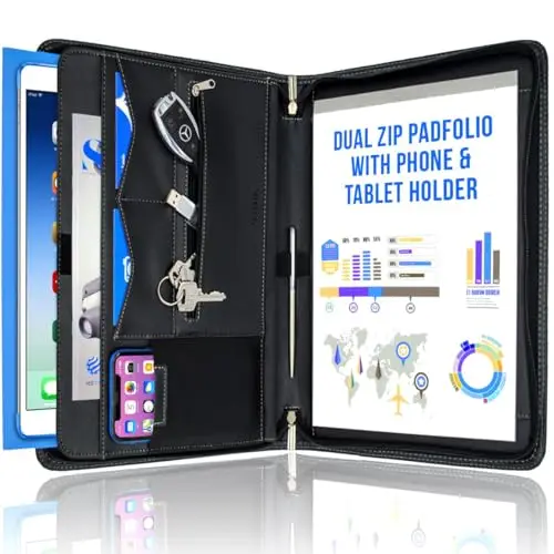 STYLIO A4 Portafolio con Cremallera. Piel Carpeta de Conferencia. Portadocumentos Profesional para Negocios. Viajes Portacuaderno. Organizador para iPad, Teléfono y Tarjetas. Incluye Bloc de Notas