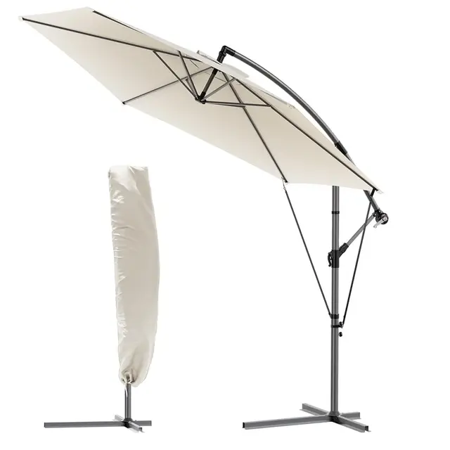 VOUNOT® 300 cm Parasol Excentrico, Sombrilla de Jardín con Manivela, Funda Protectora y Correa de Fijación, Protección UV, Beige
