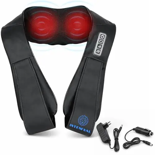 Masajeador Cervical y Espalda Shiatsu con Calor, Masajeador de Cuello, Hombros y Lumbar con 2 Nodos Rotatorios y 4 Cabezales, 3 Intensidades, Masaje Profundo 3D, Uso en Casa y Coche (No Inalámbrico)