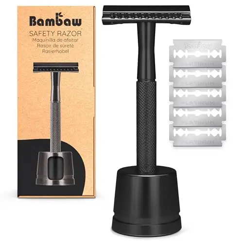 Bambaw Maquinilla de Afeitar Clasica con Soporte y 5 Hojas de Corte de Repuesto, Cuchilla Afeitar Clasica de Metal Equilibrada para un Buen Manejo, Afeitadora Manual Hombre (Negro)