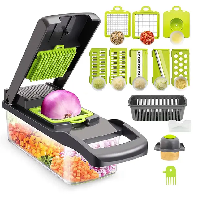 Cortador de verdura Manual, Mandolina de Cocina Multifuncional 13 en 1-2 Cuchillas, 7 Rebanadoras Rallador, Separador de Huevo y Escurridor, Cuchillas Acero Inoxidable
