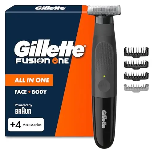 Gillette Fusion One Recortadora de Barba Y Afeitadora Corporal, Negro - Barbero Todo en Uno para Cara Y Cuerpo, Cabezal Pivotante, 4 Peines, Resistente al Agua, Inalámbrica, 45 Min de Uso