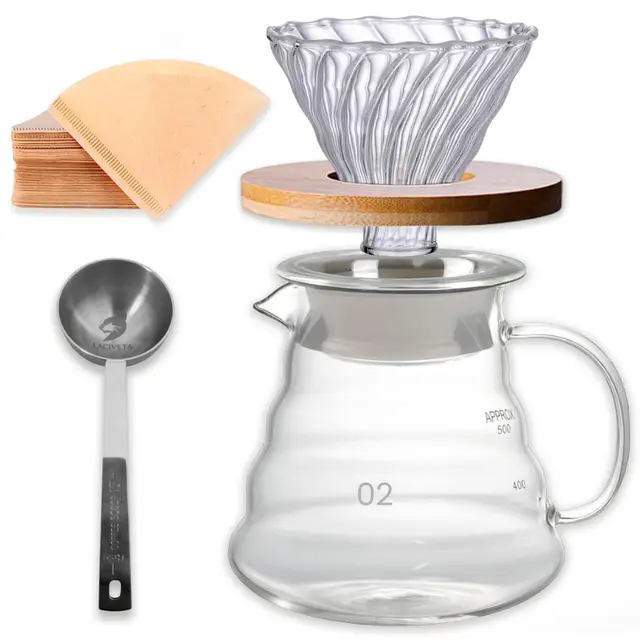Cafetera v60 de vidrio de borosilicato (600ml), filtros de papel natural V02 (40 und) y cuchara medidora 15gr, v60 cafetera de goteo para amantes del cafe manual, kit drip coffee o pour over
