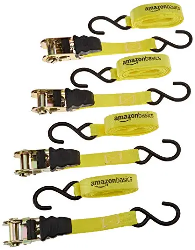 Amazon Basics Correas de Sujeción con Trinquete, 4 Unidades, 4,5m x 25mm, Capacidad 635 kg, Correas de Amarre con Ganchos S, Bloqueo Automático, Liberación Rápida, para Remolque, Moto, Carga, Amarillo