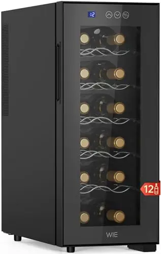 WIE Vinoteca 12 Botellas, Refrigeración Termoeléctrica, 33L Nevera Vinos con Pantalla Táctil Inteligente LED, Puerta de Cristal Espejado, 5 Estantes Ajustables, Luz LED, 26dB Bajo Nivel de Ruido