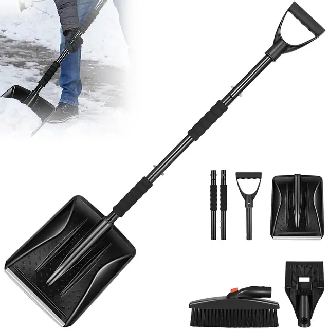 Pala de Nieve Ajustable Portátil Ligera, Diseño Desmontable de 3 Piezas, 112 cm Pala de Nieve de Invierno, con Mango en Forma de D para Coches, Camiones, Camping y Actividades al
