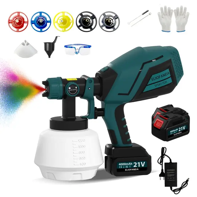 Sistema de pulverización de pintura eléctrica de 21 V, 2 baterías de litio de 4000 mAh y cargador, pistola de pintura de 1200 ml con 5 boquillas, 3 patrones de pulverización para trabajos