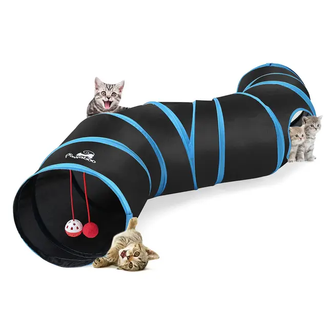 Pawaboo Túnel para Gatitos, Prima S Túnel Extensible Plegable Gato Jugar Túnel Casa del Laberinto del Juguete con Pompón y Campanas para Gato Gatito Cachorro Conejo - Negro y Azul