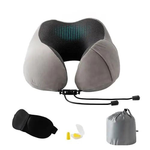 Good Nite Almohada de Viaje Cervical Viscoelástica, Cojín de Cuello para Avión/Tren/Coche, Almohada de Memoria Ergonómica Compacta con Accesorios (Máscara, Tapones, Bolsa), Ajustable (Gris)
