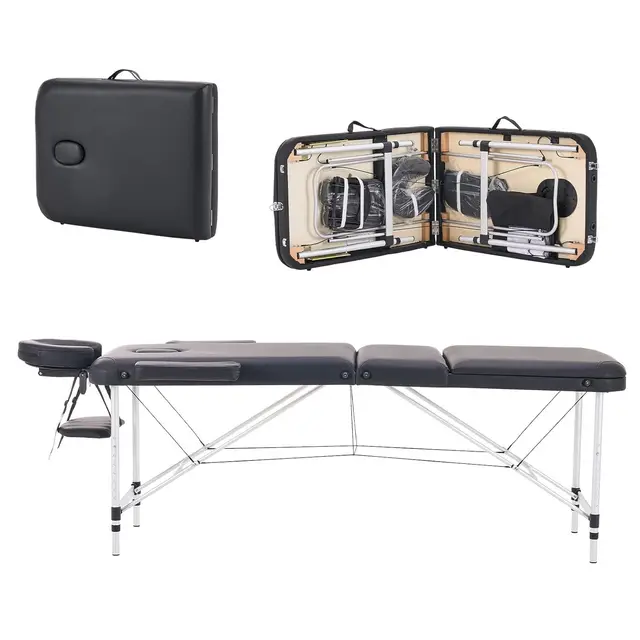 YOUNIKE Camilla de Masaje Móvil Plegable Negro y Ajustable en Altura Cama de Masaje de 3 Zonas Camilla de Estética Amplia Cama de Terapia Aluminio 186 x 60 cm