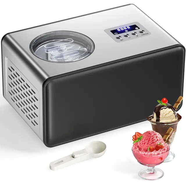 Máquina Para Hacer Helados con Compresor 2L Heladera Eléctrica, Heladera Profesional, 150W, Panel de Control Botones, Cubo de Aluminio Extraíble, Receta & Cuchara, No Requiere Precongelación