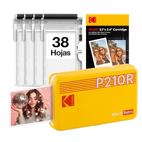 KODAK Mini 2 Retro Navidad Regalos 4Pass, Impresora Fotográfica + 38 Fotos, Fotos Instantáneas Tamaño 54X86mm, Conexión Inalámbrica Bluetooth - Amarillo