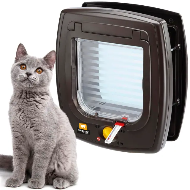 Ferplast Gatera Magnética, Puerta para Gatos, Collar Gato con Imán Incluido, Entrada y Salida controlables 4 vías, Protección contra Corrientes de Aire, Swing 7, Marrón