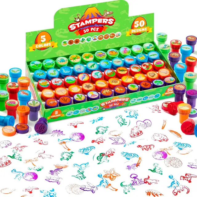 JOYIN 50 Piezas Sello De Dinosaurios Multicolor, Sello Bolsillo Fiestas, Juguete para Niños, Set Regalo 3 Años, 5 Colores, 50 Diseños