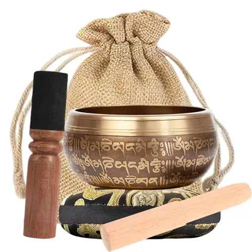 Cuenco Tibetano, Juego De Cuencos Tibetanos, Cuenco de Meditación, Set Tibetano para Meditación, con Cojín, Mazo de Madera, Hecho a Mano en Nepal, para Meditación, Yoga y Curación De Chakras, 10.5 CM