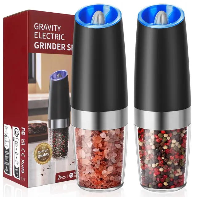 Molinillo Pimienta, Hotec Molinillos Eléctricos de Pimienta y Sal, 9 oz de Alta Capacidad, Funciona con Pilas AAA con Sensor de Gravedad, 6 Niveles de Molienda e Indicador LED,Juego de 2