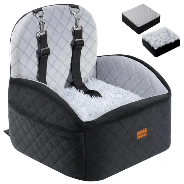 Gimars Reversible Asiento Perro Coche Felpa Larga&Corta Cojín Asiento para Perros Pequeños/Medianos hasta 16kg, Desmontable Lavable Antislip Transportin Perro Coche con 15cm Espuma Egg-Crate 28D, S