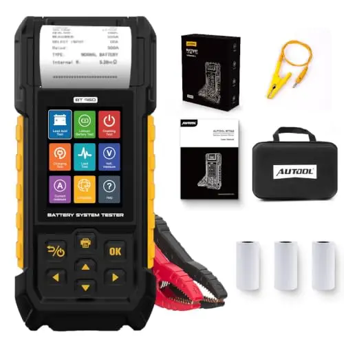 AUTOOL Comprobador de Baterias de Coche 12V 24V, Profesional Analizador de baterías con Impresora 20-2000CCA, Arranque y Carga, Fugas y Prueba de Carga, Batería de Litio, Para Coche, ATV, SUV, Barco