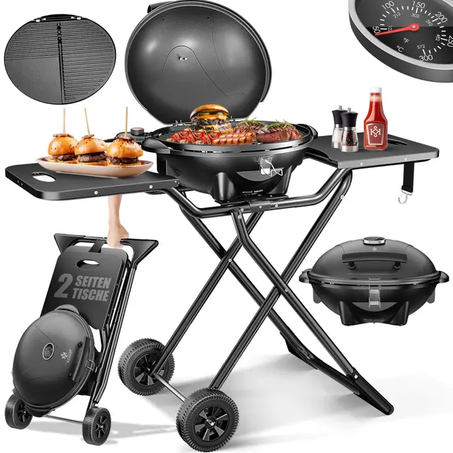 KESSER® Barbacoa eléctrica 2 en 1 – Parrilla eléctrica de pie con tapa y soporte, máx. 2400 W, plegable, termómetro, revestimiento antiadherente, 2 ruedas, color negro