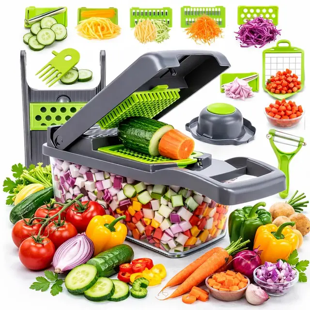 Mandolina de Cocina Profesional, Cortador de Verdura y Picadora de Verduras 16 en 1 – Cortador de Verduras y Picador de Verdura y Frutas – Mandolina Cocina, Cortador y Picadora Verduras