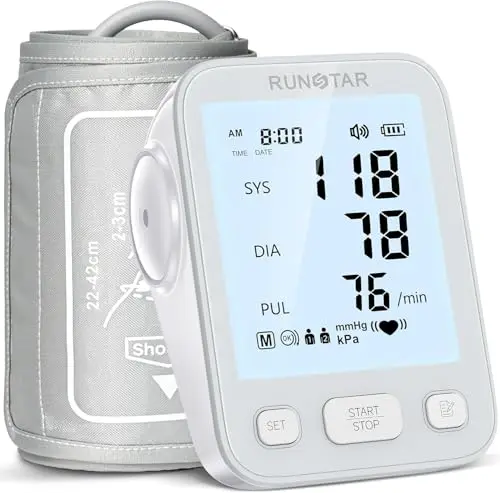 Runstar Tensiometro de brazo con brazalete de amplio rango (22cm-42cm) para uso doméstico, tensiómetro digital automático con bolsa de almacenamiento y memoria de 2x99 lecturas, gris
