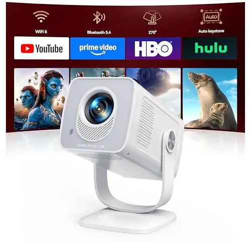 Proyector【Android 14 App Integrada & Auto Keystone】 Proyector Portátil 4K/1080P Soporte Tiro Corto WiFi 6 Bluetooth 5.4 con Rotación de 270°, TOPTRO MiniProyector Cine en Casa/Exterior para Móvil/USB