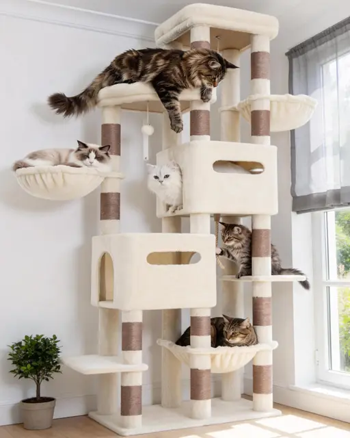 Heybly Árbol Rascador para Gatos Grandes, 190 cm Rascador para Gatos XXL, Torre Alta y Espaciosa con Amplia Plataforma Superior, Base Estable, 2 Casitas, Hamaca y Postes de Sisal, Beige HCT062MJ