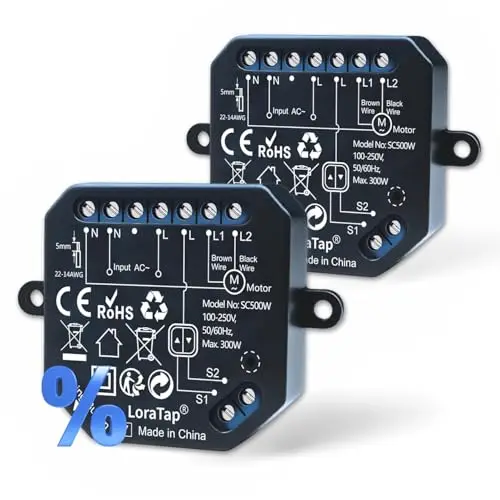 LoraTap Interruptor Persiana WiFi 2 Unidades: Apertura 0–100% con App | Apertura precisa sin parada manual – Grupos – Horarios – Control por voz – Sin hub – Conserva interruptor – AC 4 hilos 300W