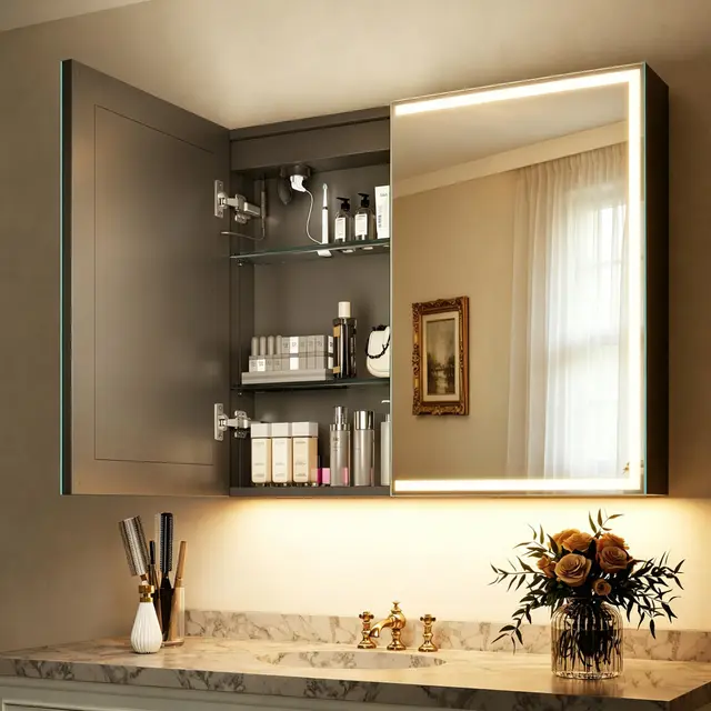 S'bagno Armario Espejo Baño 60x80cm, Armario de Baño LED de Aluminio con Enchufe, Antivaho, 3 Colores de Luz, Dimmerable, Mueble Espejo con Función Memoria, Vidrio Templado HD, IP44, Negro