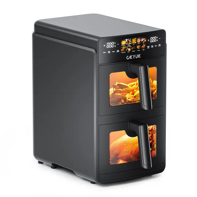 OKYUK Air Fryer, 2 cámaras 10L Freidora Aire,2 compartimentos de 5L, 10 programas, 2 platos al mismo tiempo, 2600W Freidora de Aire sin Aceite de doble capa con ventana,Temperatura Regulable 80-200°C