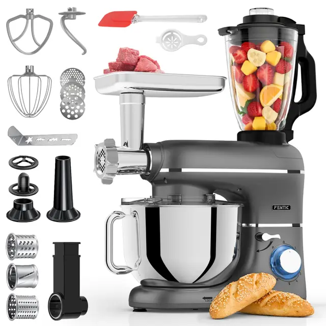 6 en 1 Robot de Cocina – 2000W – Con Picadora de Carne, 1,5L Batidora de Vaso, Cortador, Accesorios – Batidora Amasadora con Bol 6.2L, Batidor, Gancho Amasador, Gancho para Mezclar (Anthracite)