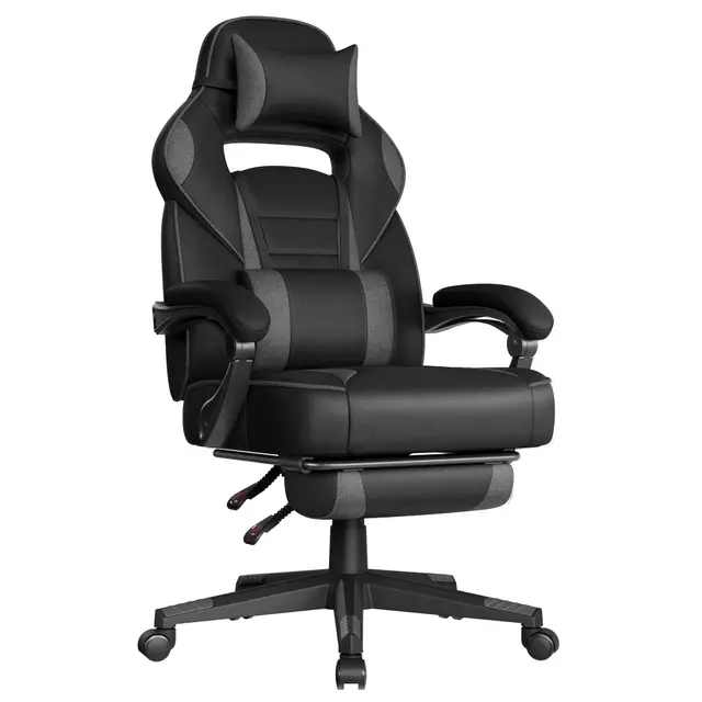 SONGMICS Silla Gaming, Silla de Oficina con Reposapiés, Reposacabezas y Cojín Lumbar, Altura Ajustable, Sillón Ergonómico, Carga de150 kg, Negro Tinta y Gris Pizarra OBG073BH20